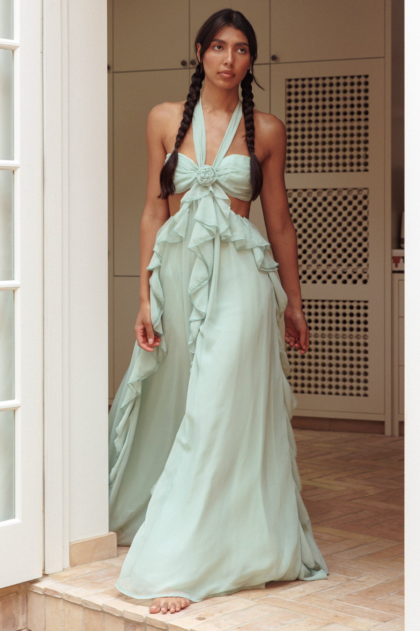 Santiago Cut-Out Ruffle Maxi Dress Sage by Selfie Leslie
