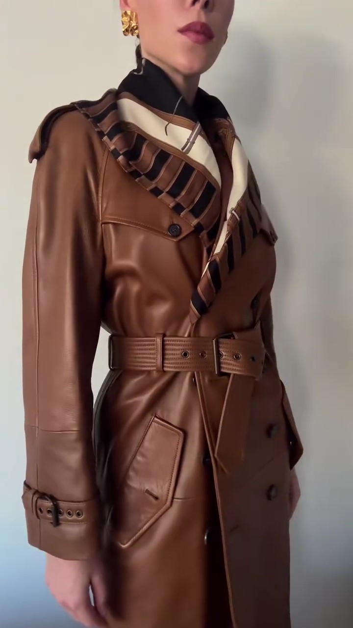 Designer brown leather jacket winter coat