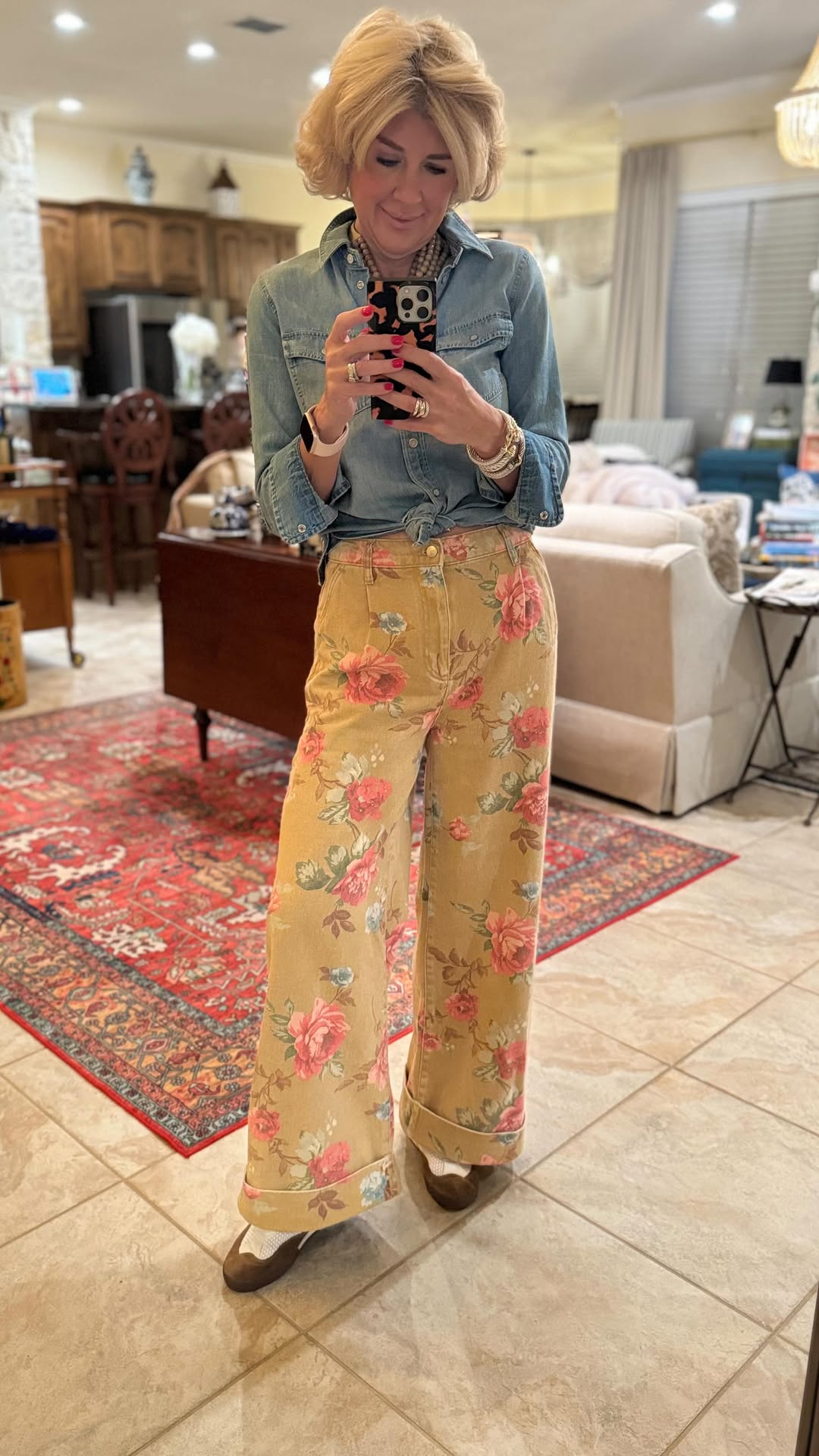 Floral high-waisted wide-leg cuffed jeans