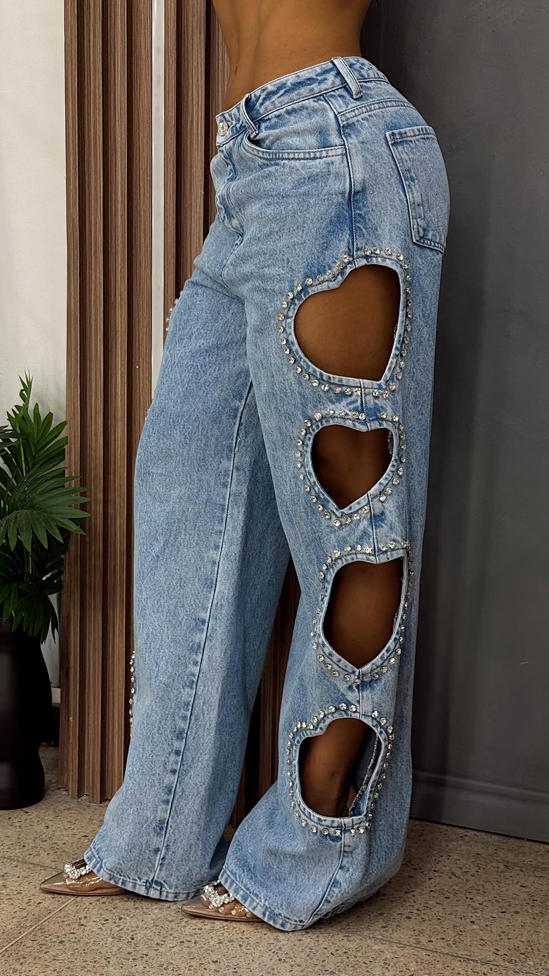 Hollow Heart Diamond Wide Leg Jeans