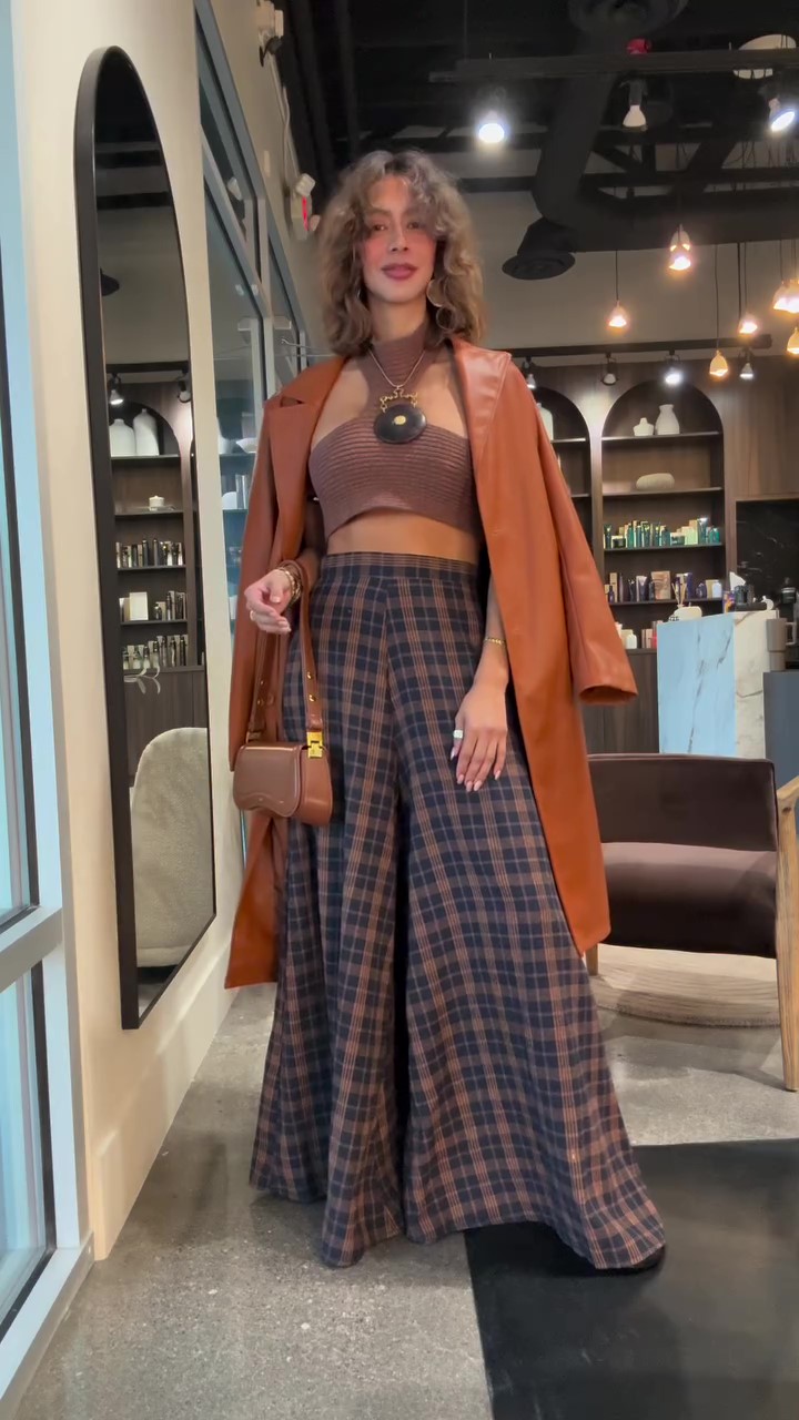 Designer plaid wide leg trousers