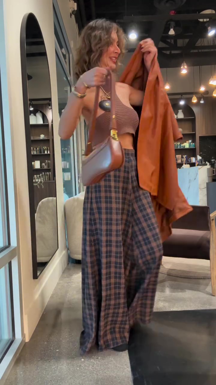 Designer plaid wide leg trousers