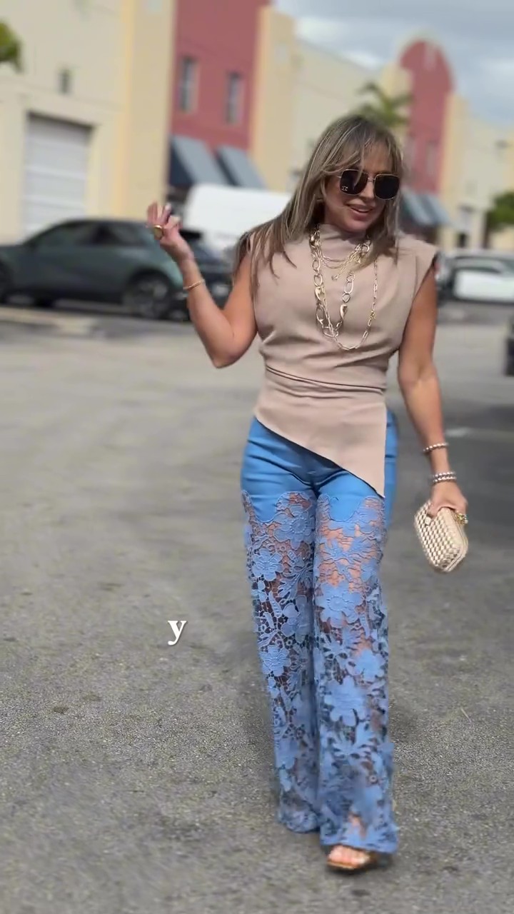 Asymmetric top with hollow lace trousers
