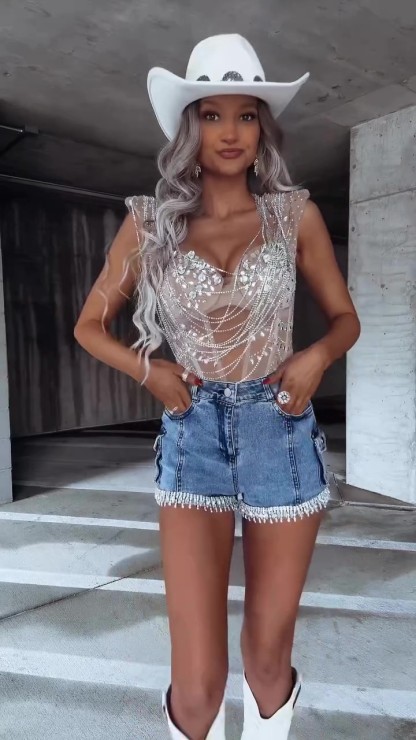 Resort Diamond Embellished Denim Cargo Shorts