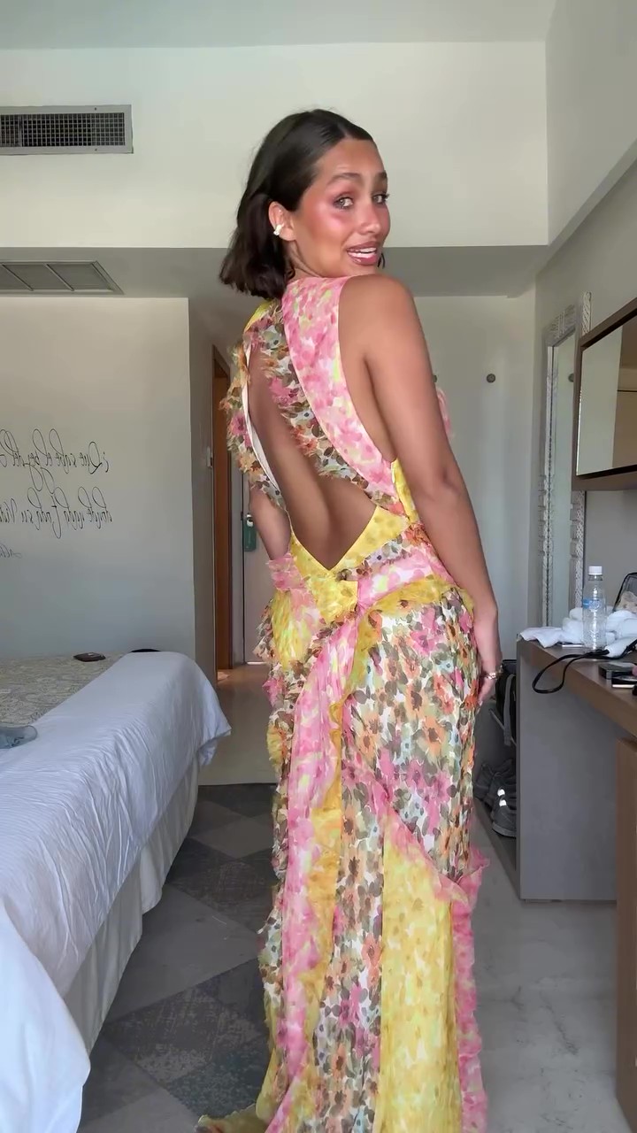 Ruffled Colorblock Floral Off-the-Shoulder Maxi Dress