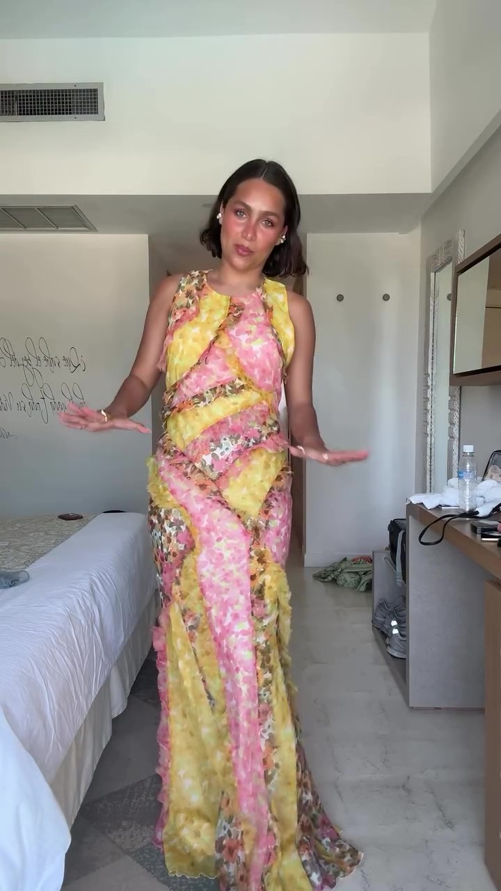 Ruffled Colorblock Floral Off-the-Shoulder Maxi Dress