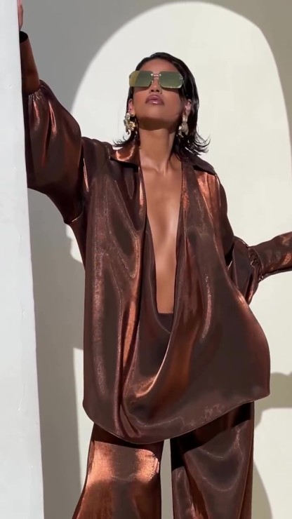 Deep V Neck Shirt Wide Leg Pants Set