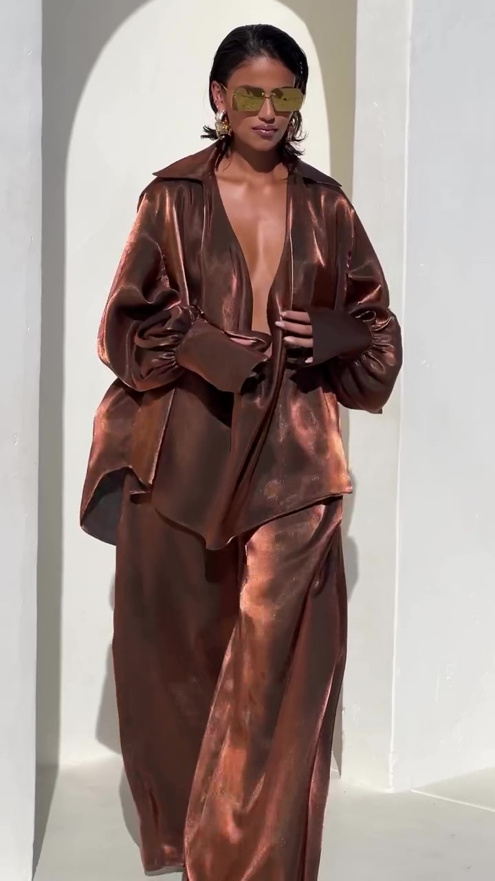 Deep V Neck Shirt Wide Leg Pants Set