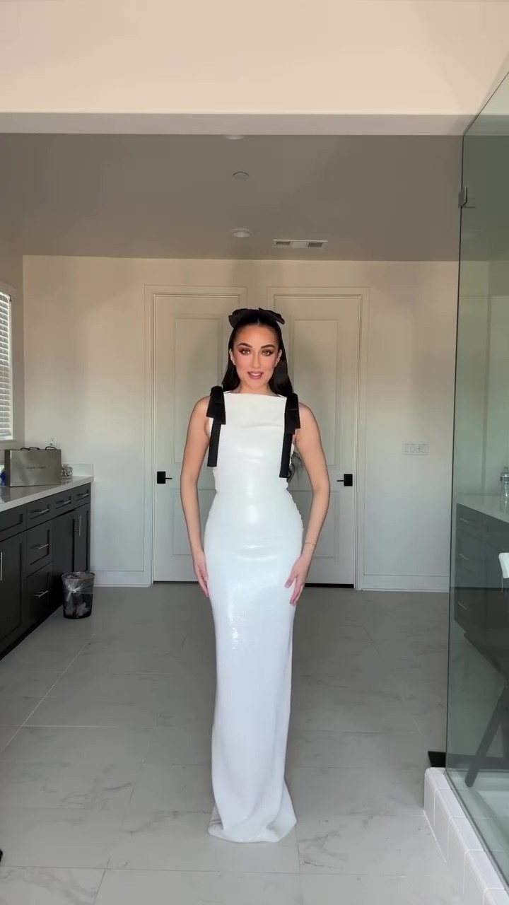 Designer chic white sequined maxi dress