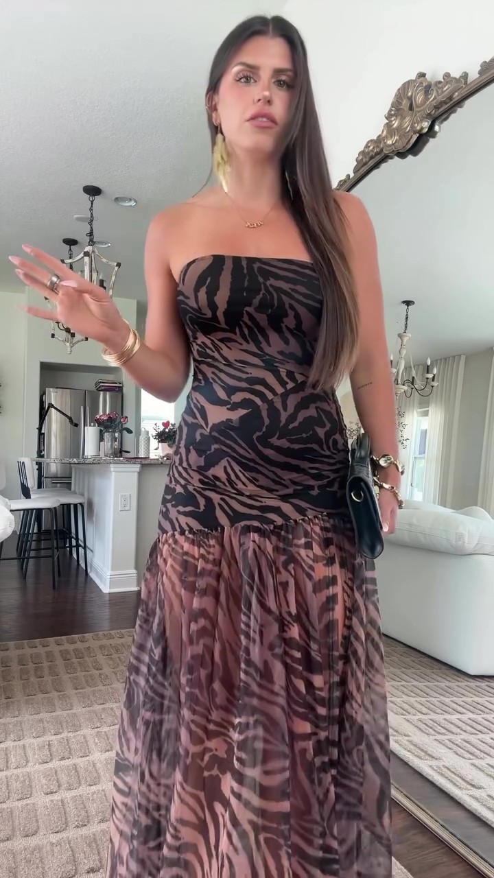 Holiday brown zebra print maxi dress with slits