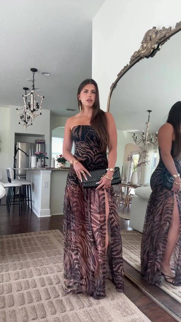 Holiday brown zebra print maxi dress with slits
