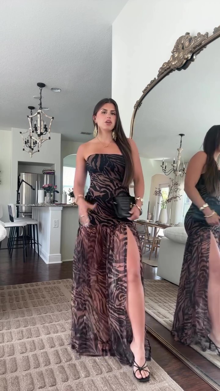Holiday brown zebra print maxi dress with slits