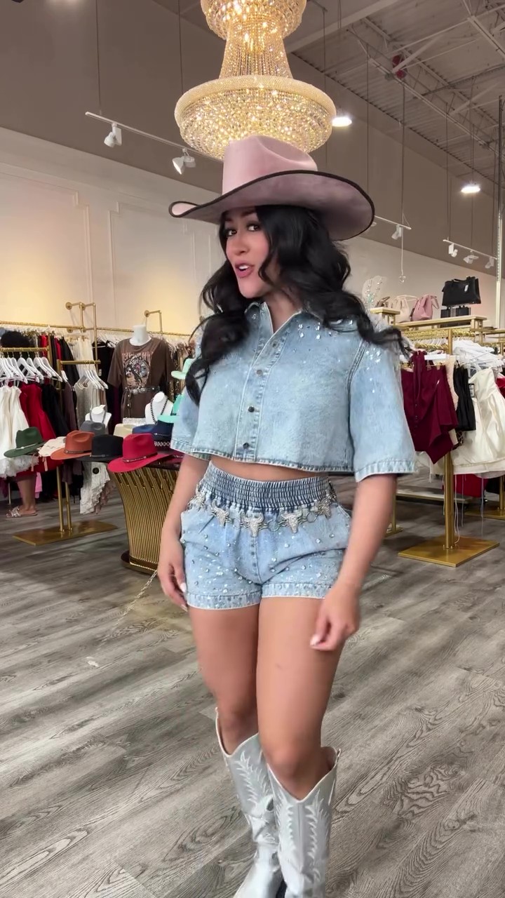 Rhinestone washed denim shorts set