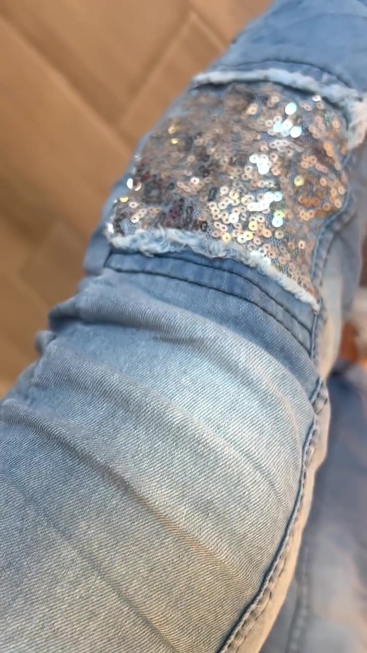 STRETCH SEQUINED WASHED DENIM JEANS