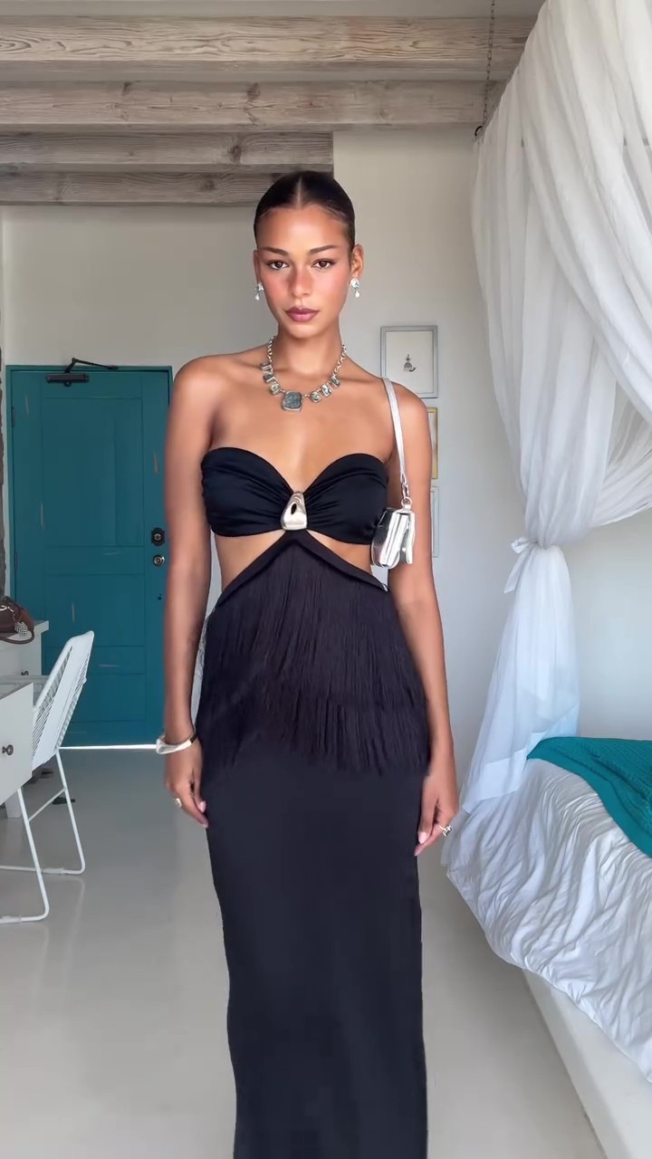 Party Tassel Halter Back Maxi Dress