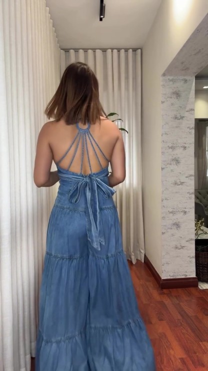 Oversized open back washed wide-leg denim jumpsuit