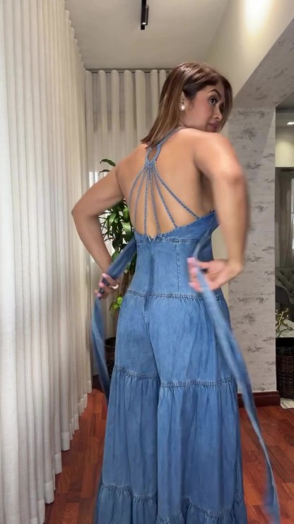 Oversized open back washed wide-leg denim jumpsuit