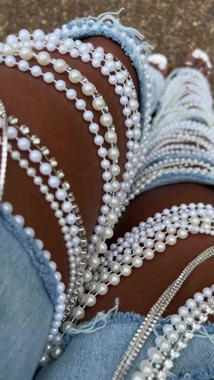 Designer handmade pearl chain jeans