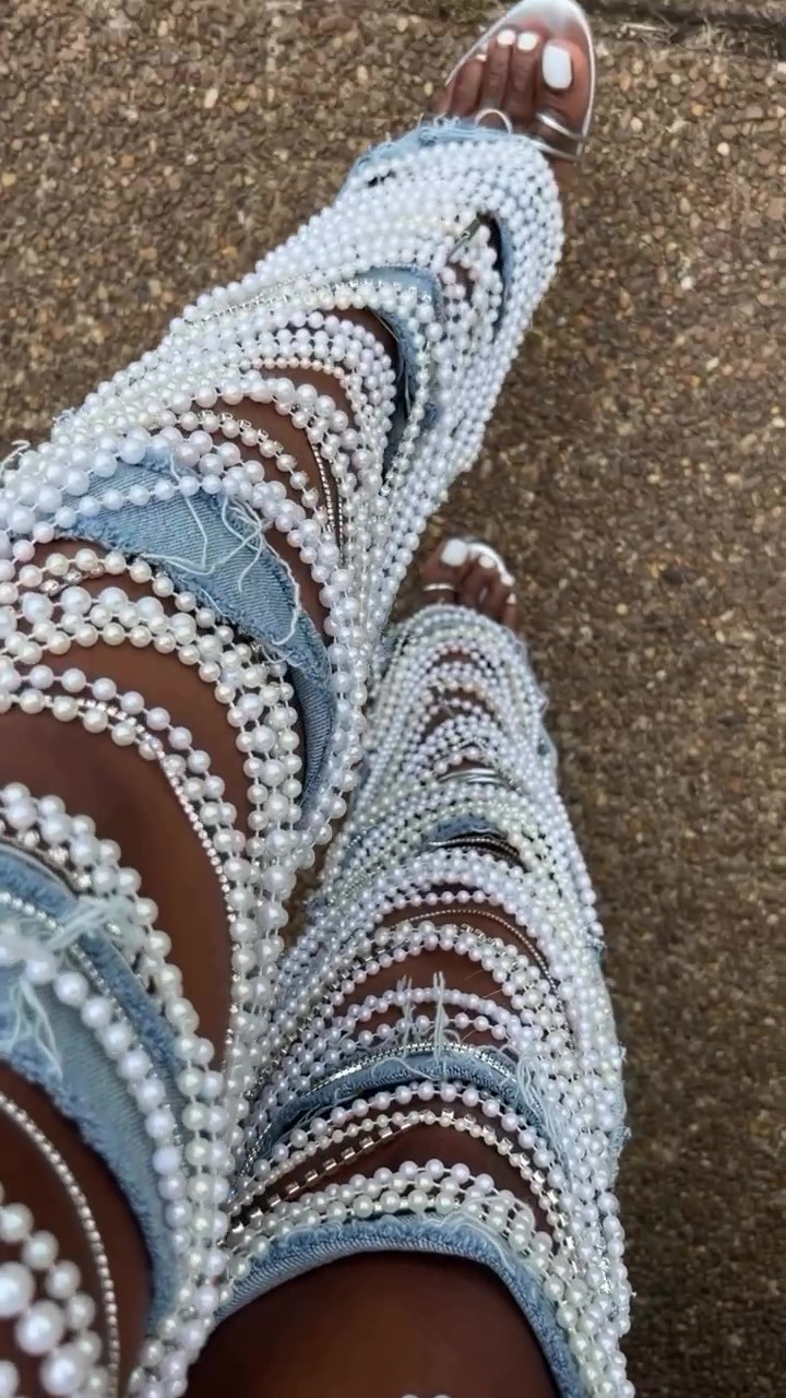 Designer handmade pearl chain jeans