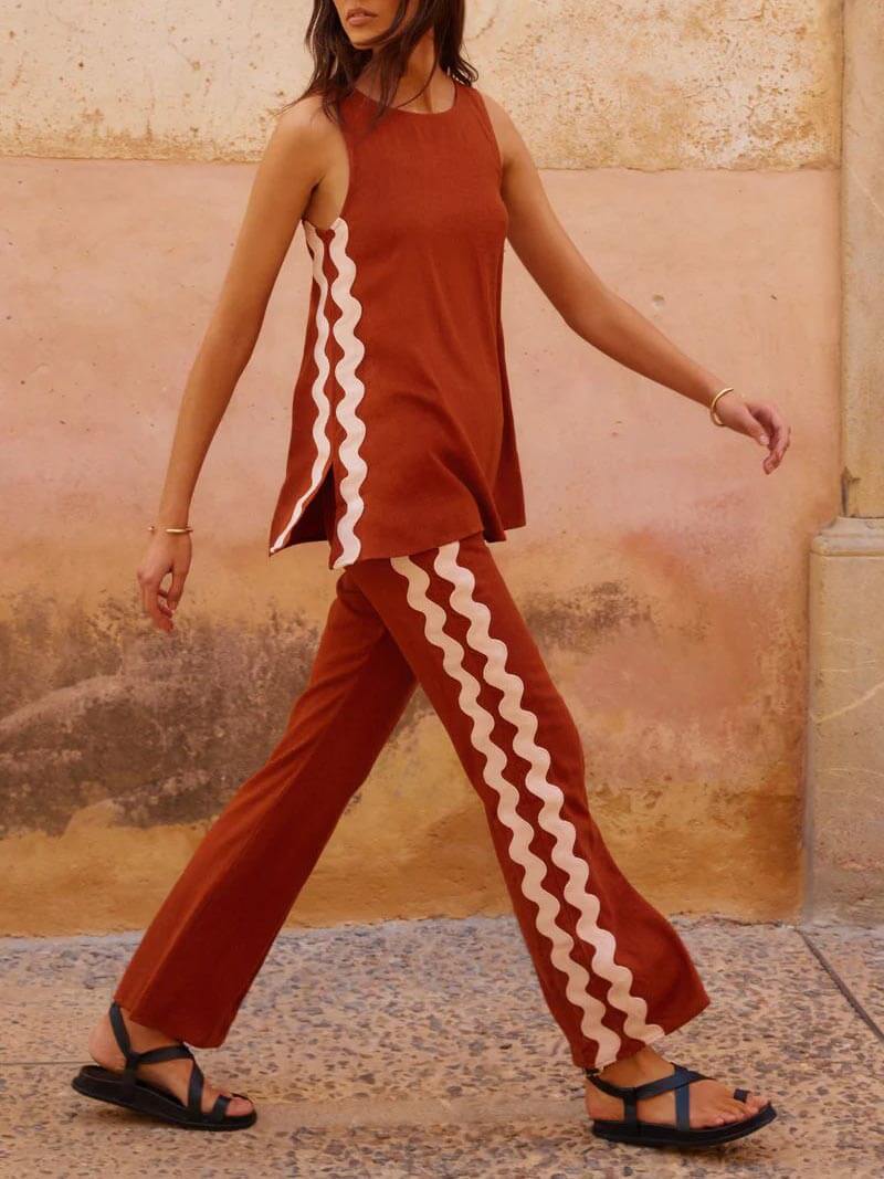 Sleeveless Loose Slit Top And Wide-Leg Pants Set-Mesadic