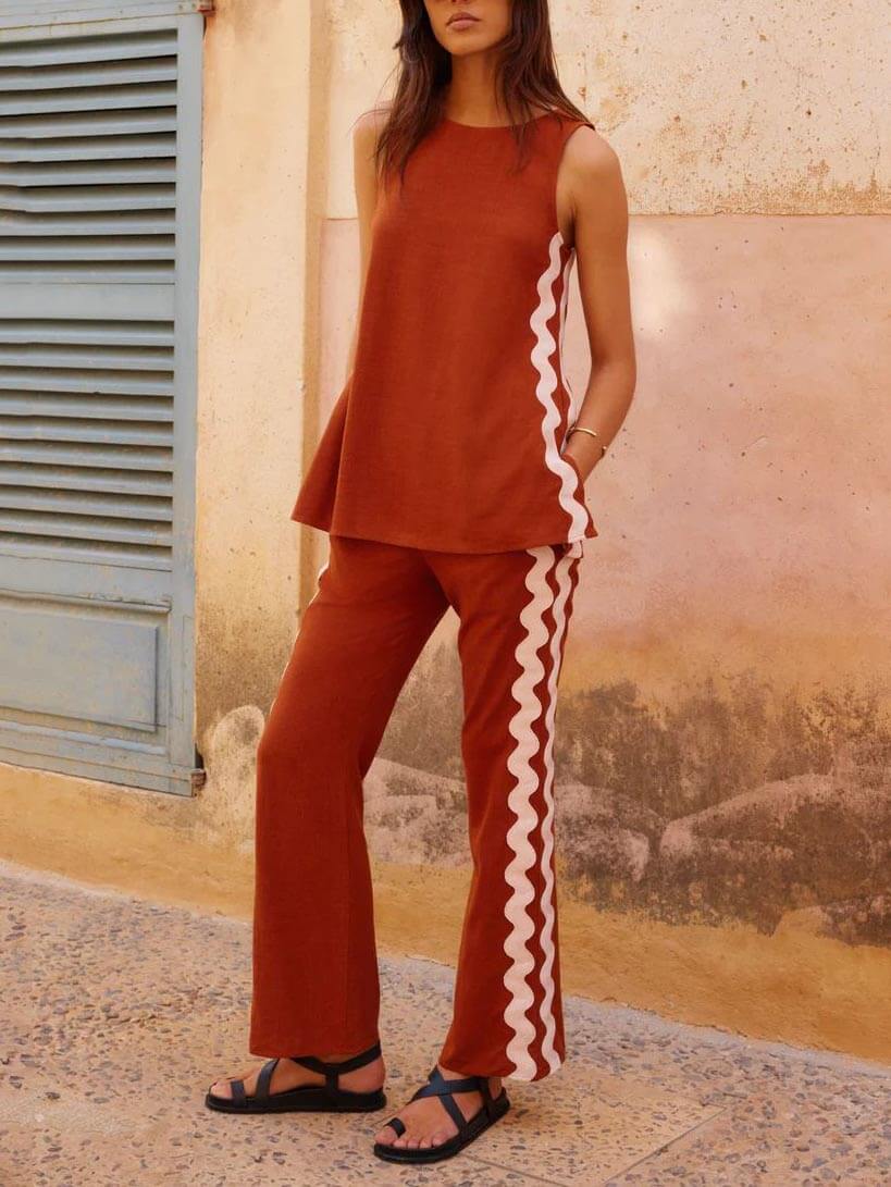 Sleeveless Loose Slit Top And Wide-Leg Pants Set-Mesadic