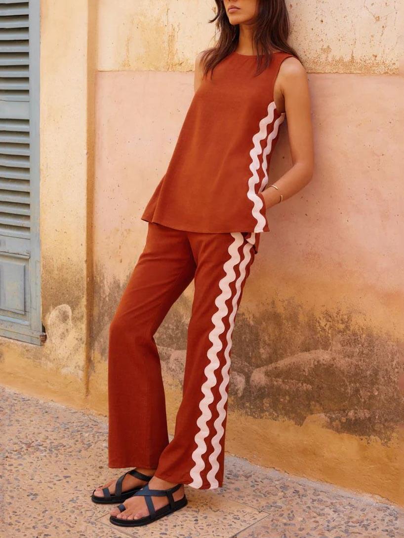 Sleeveless Loose Slit Top And Wide-Leg Pants Set-Mesadic