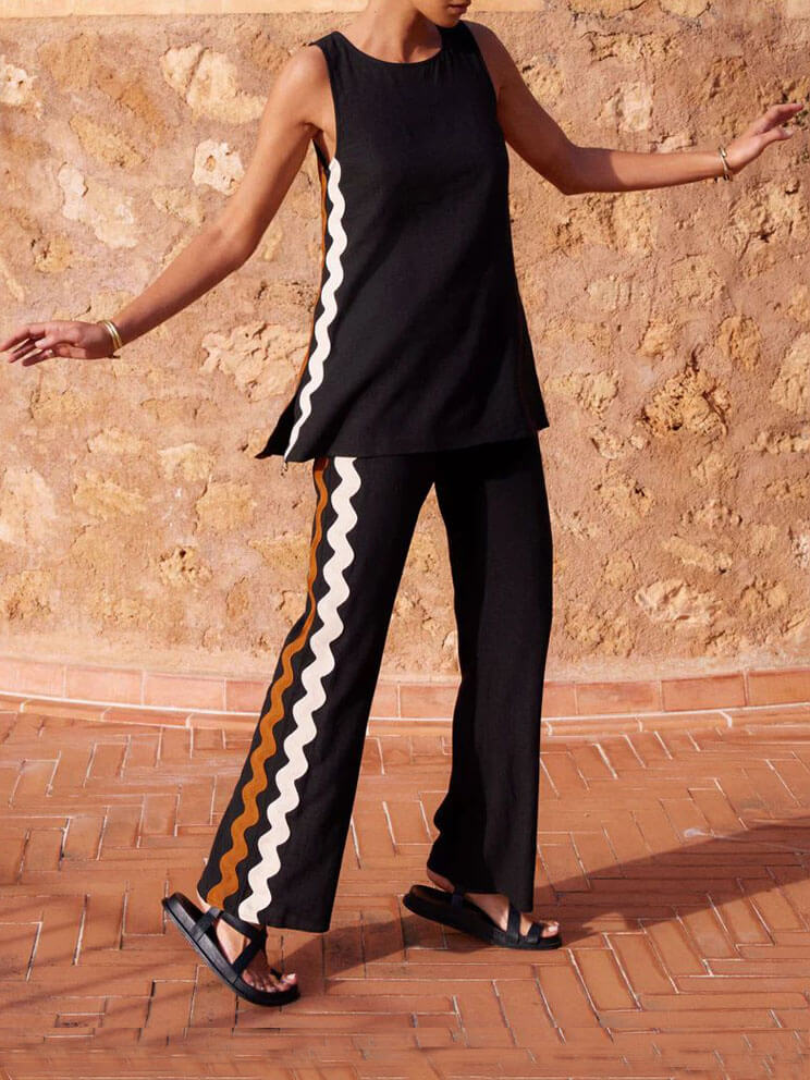 Sleeveless Loose Slit Top And Wide-Leg Pants Set-Mesadic
