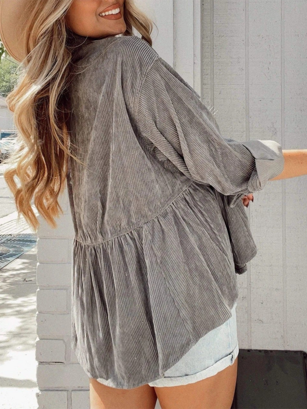 Cardigan Lapel Corduroy Single-Breasted  Blouse-CALLISTARI