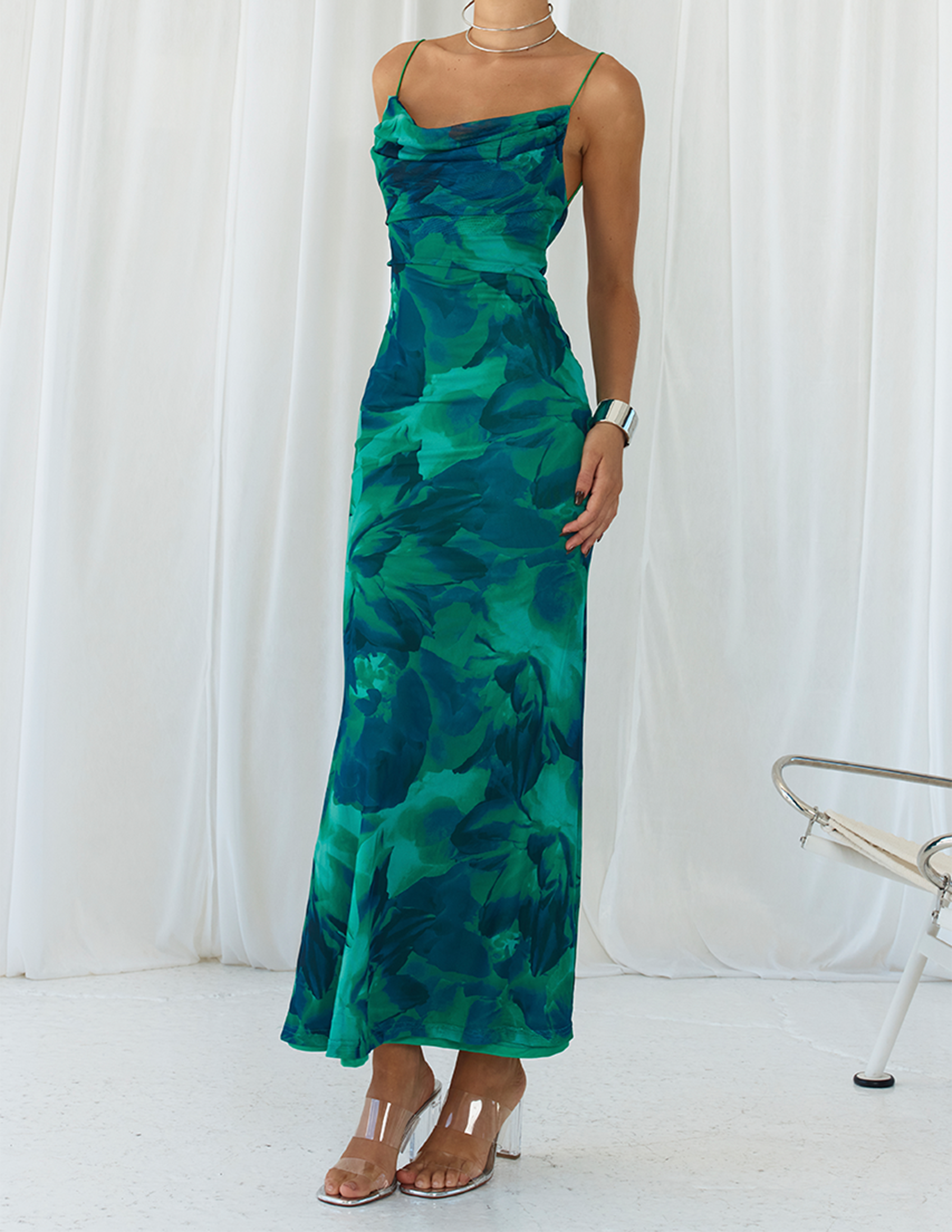Calista Green Bloom Cowl Neck Slip Maxi Dress-CALLISTARI
