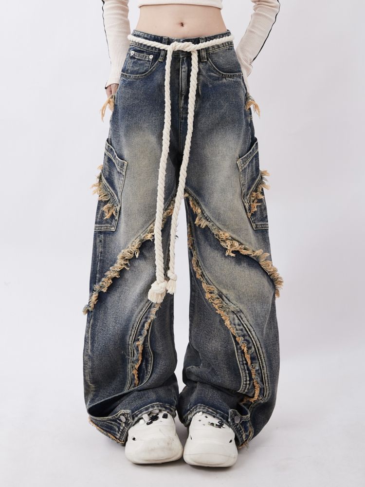 【Rayohopp】Raw edge design straight washed denim pants RH0027-CALLISTARI