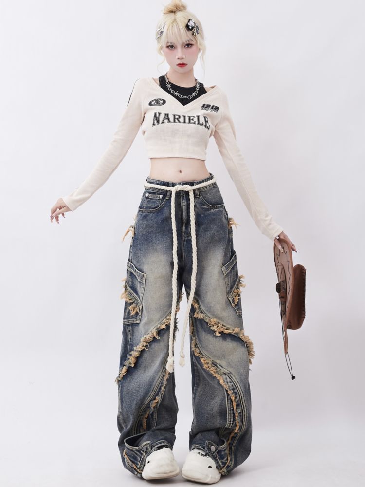 【Rayohopp】Raw edge design straight washed denim pants RH0027-CALLISTARI