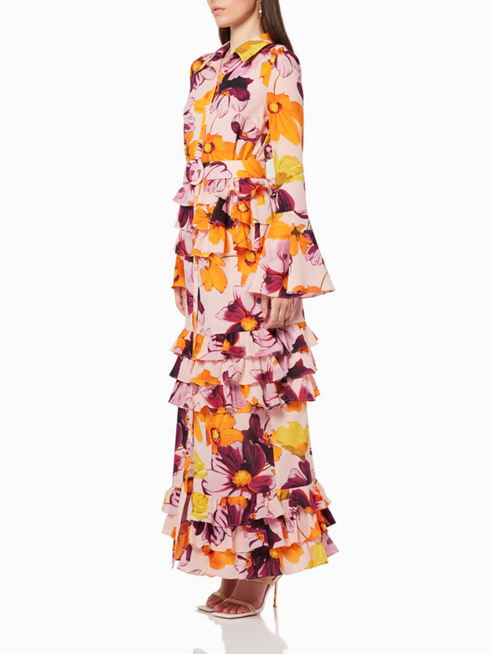 Floral Print Shirt Ruffle Cake Maxi Dress-CALLISTARI