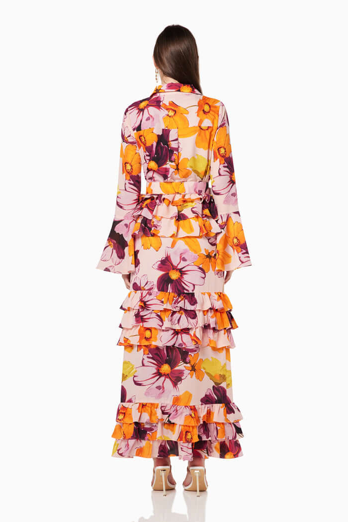 Floral Print Shirt Ruffle Cake Maxi Dress-CALLISTARI