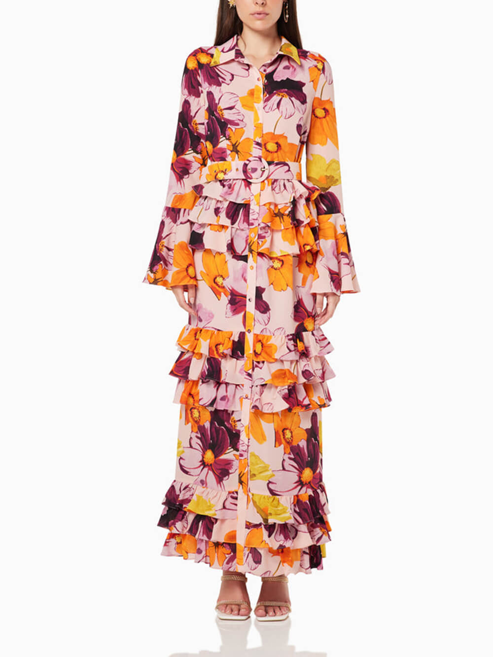 Floral Print Shirt Ruffle Cake Maxi Dress-CALLISTARI