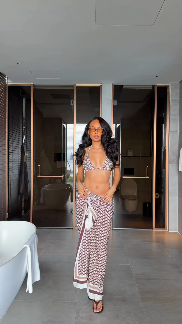 Brown and white geometric print bikini sarong set-Trafni