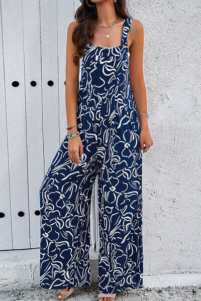Printed Wide Strap Jumpsuit with Pockets-CALLISTARI