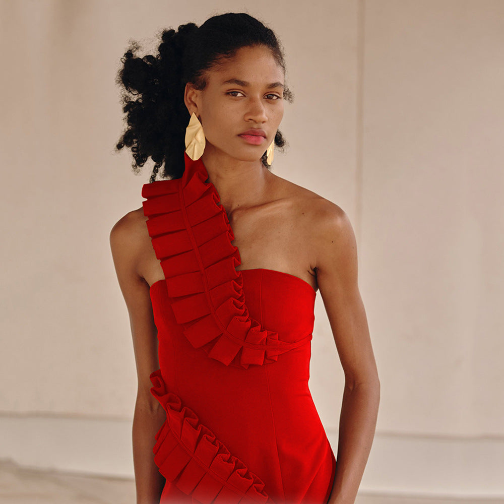 Lara Ruffle One-Shoulder Bandage Midi Dress-CALLISTARI