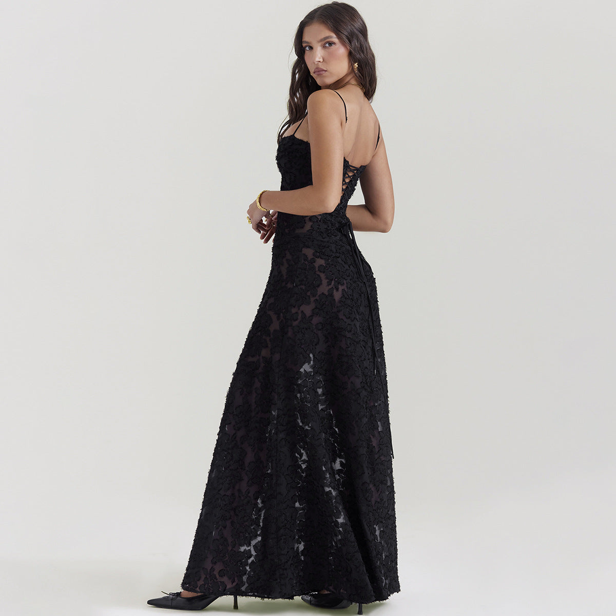 Jessie Floral Jacquard Lace Gothic Party Flowy Slip Maxi Dresses-Black-CALLISTARI