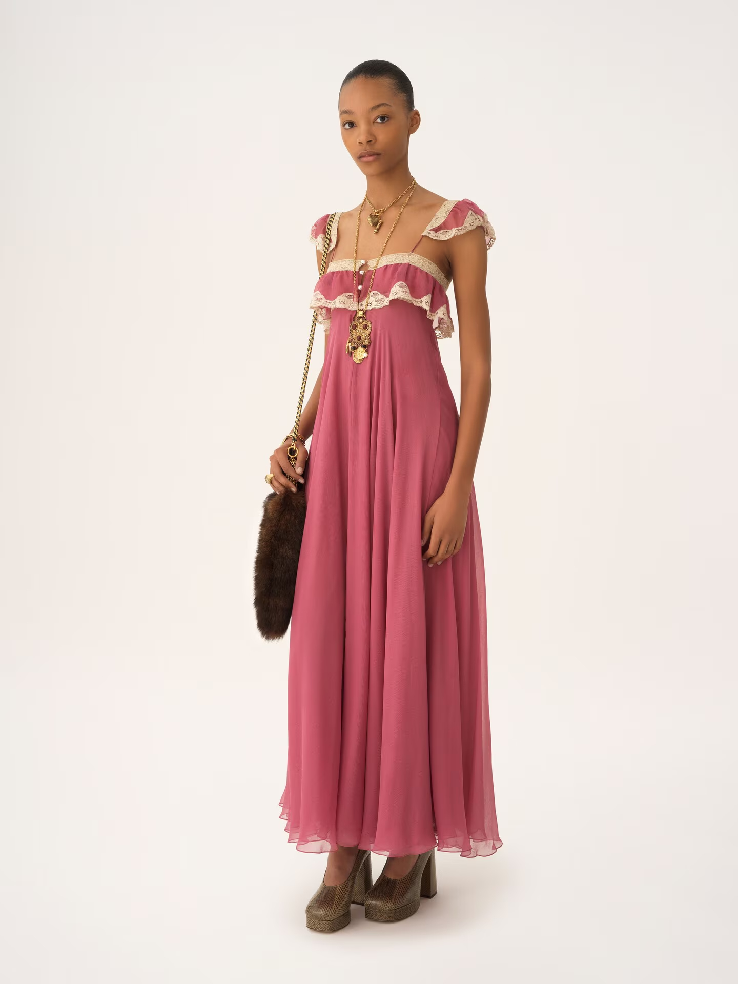Lace-Trim Flutter Sleeve Maxi Dress