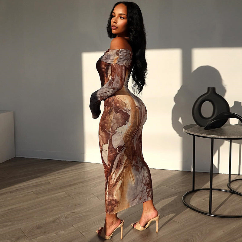 Off-Shoulder Abstract Print Layered Bodycon Maxi Dress-CALLISTARI