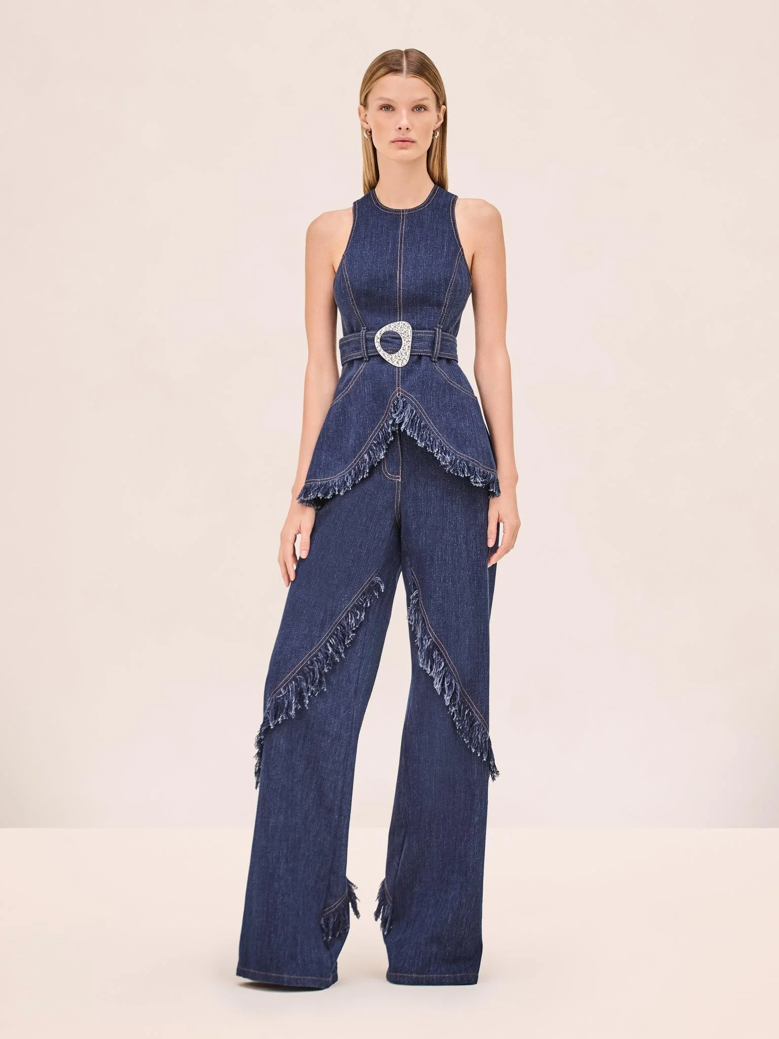Denim Fringe Peplum Top and Wide - Leg Pants Set