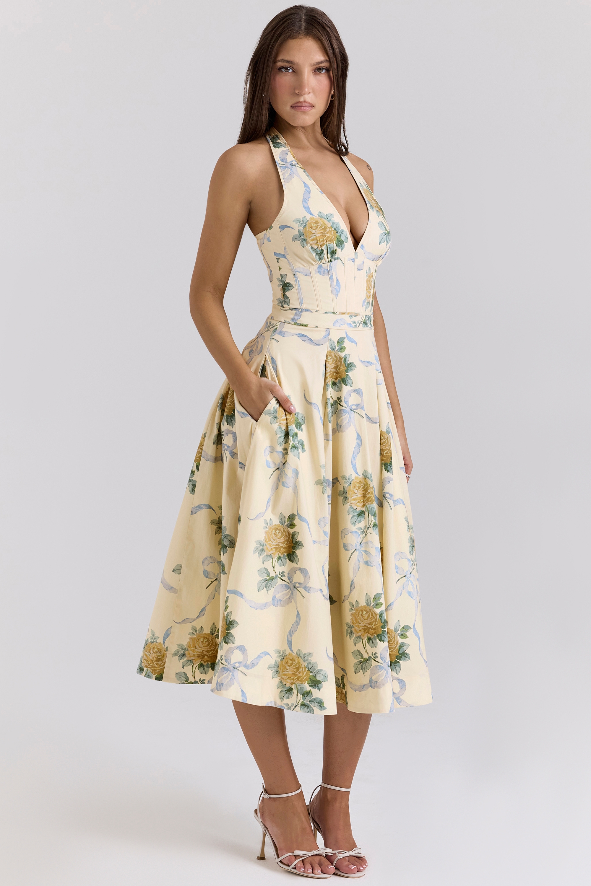 Lemon Silk Backless Midi Dress