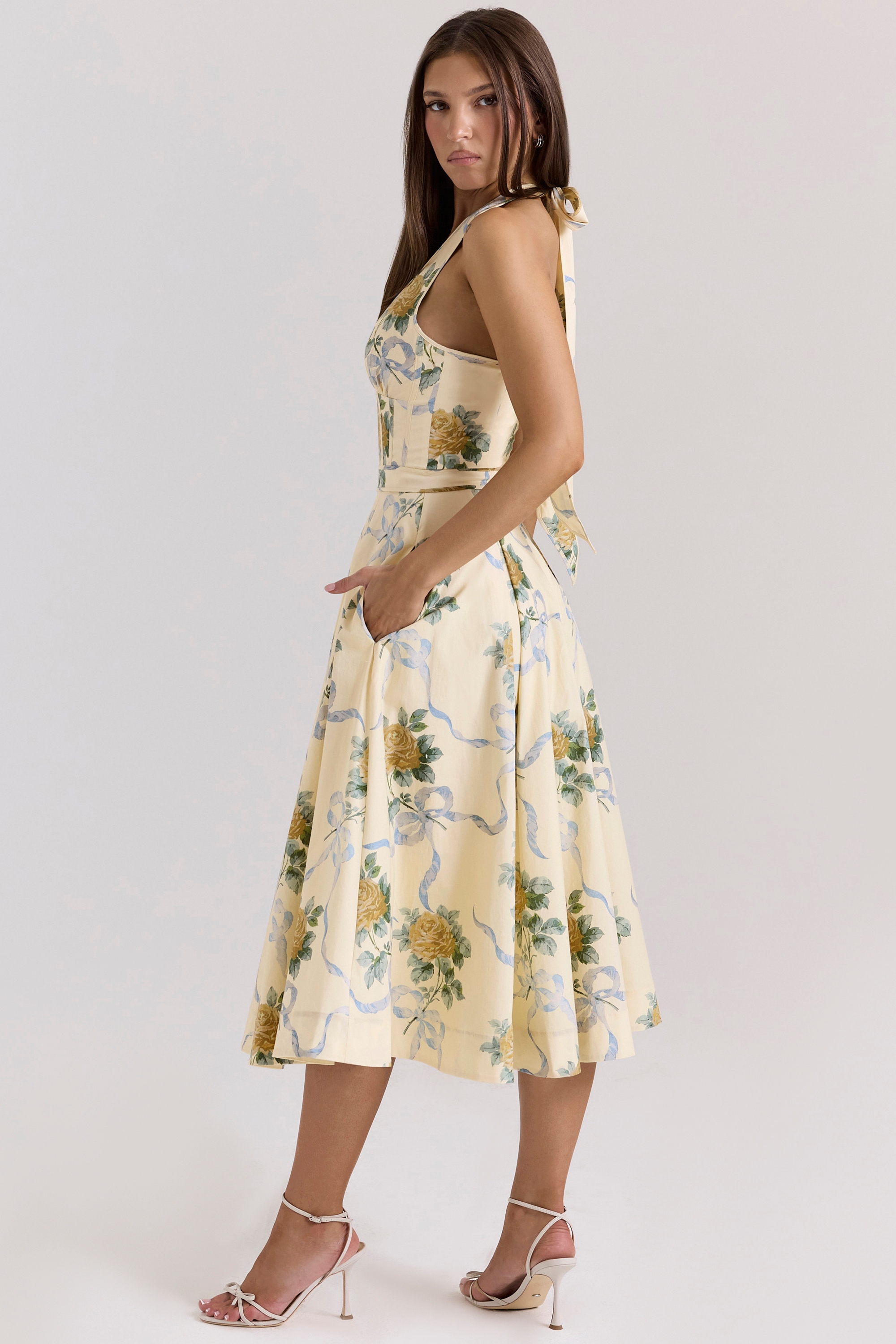 Lemon Silk Backless Midi Dress