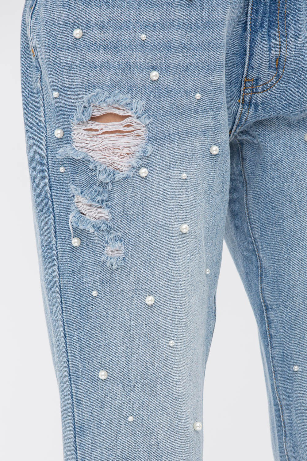 Pearl Embellished Front Ripped Jeans-Mesadic