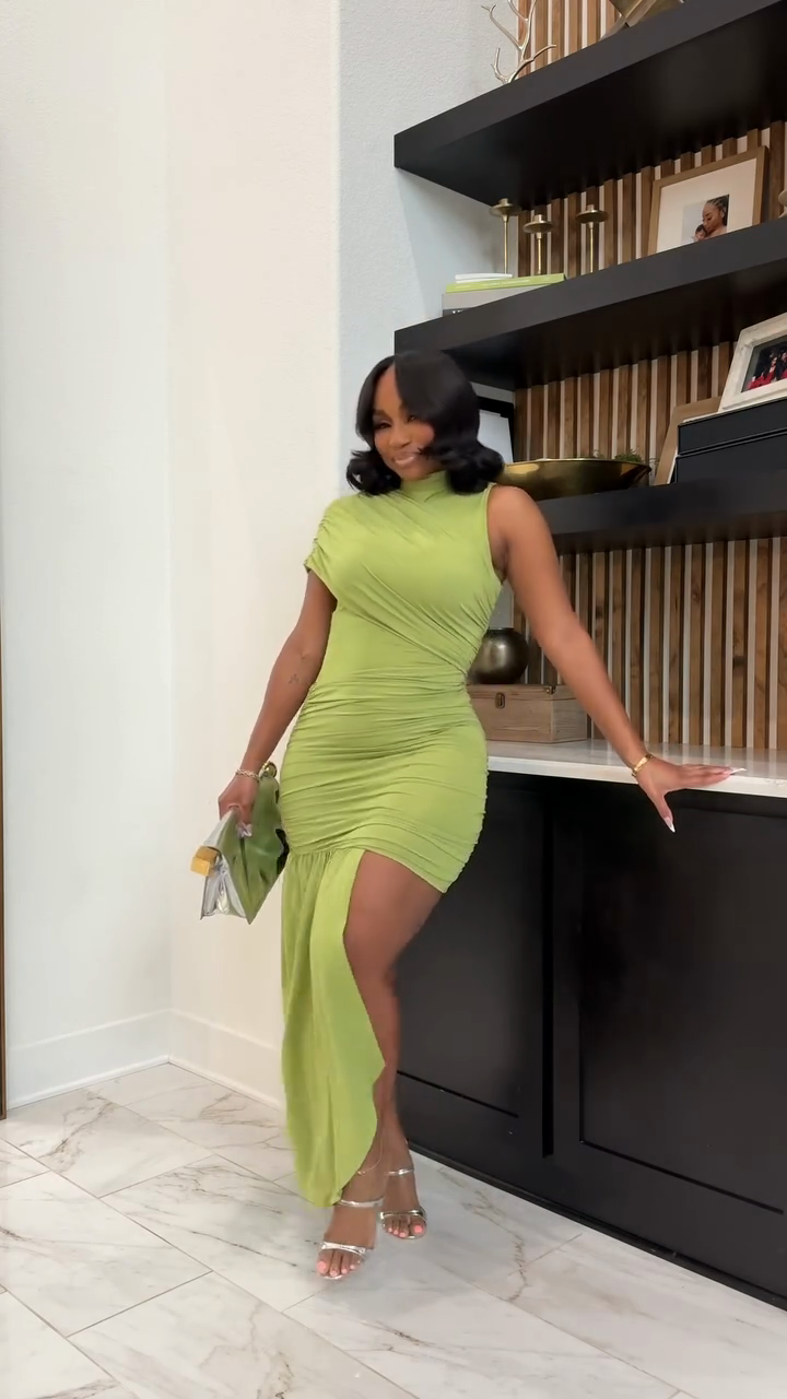 Bright green asymmetrical pleated one-shoulder maxi dress