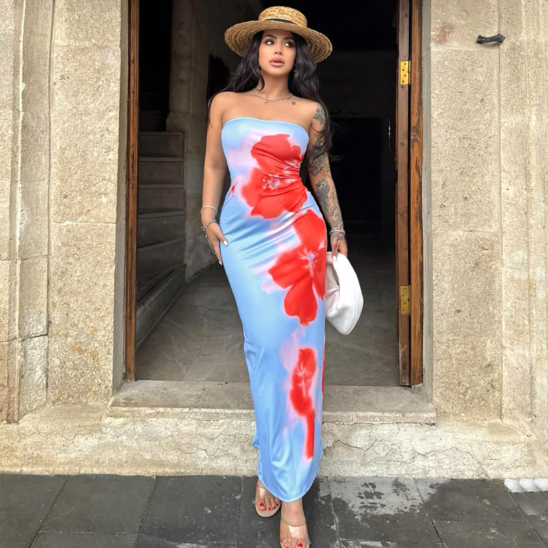 Lila Printed Slit Tube Maxi Dress-CALLISTARI