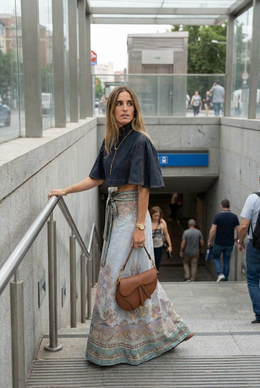 Denim Crop Blouse & Patterned Maxi Skirt