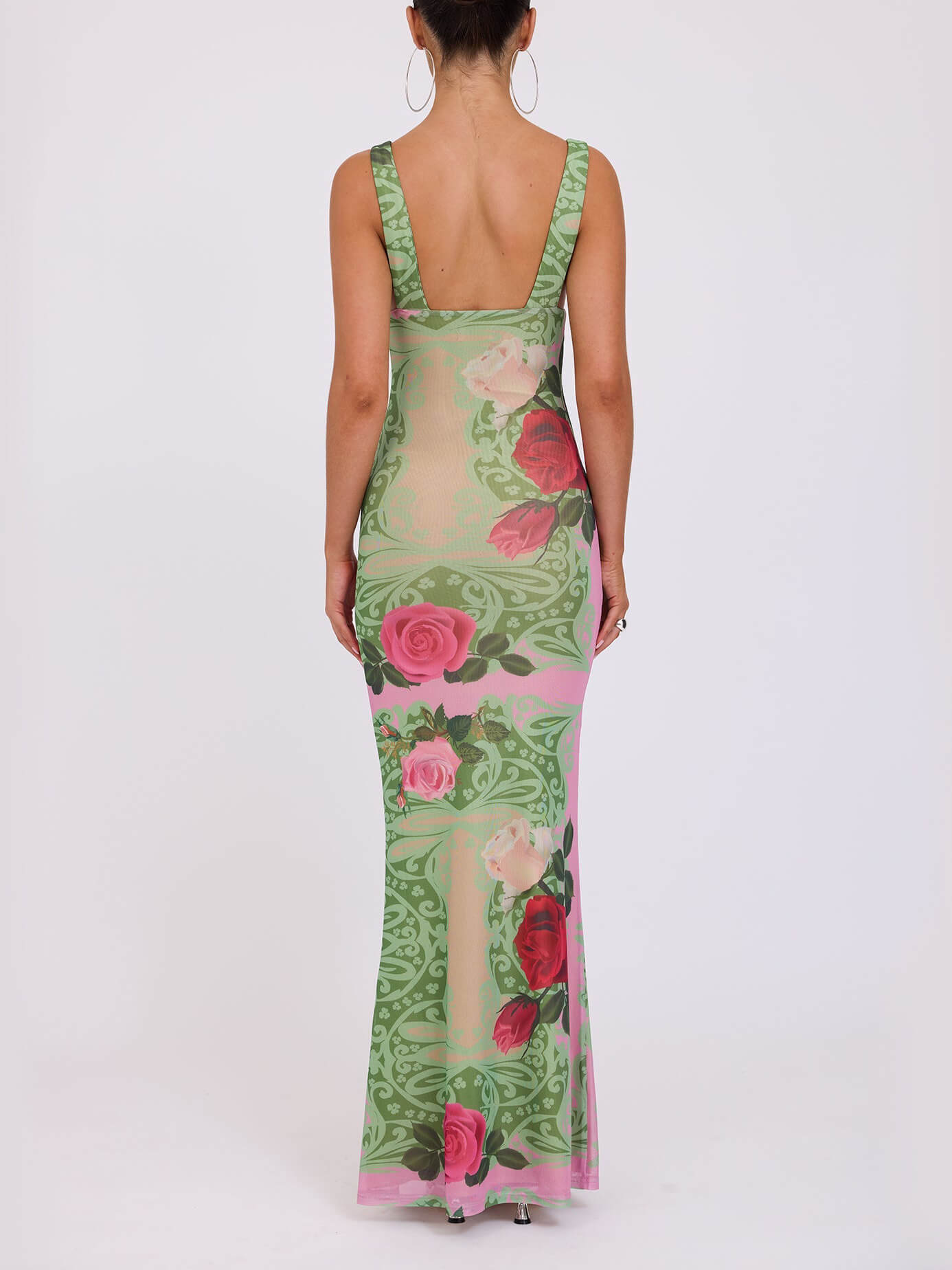 Holiday Style Contrast Rose Print V-neck Maxi Dress-CALLISTARI