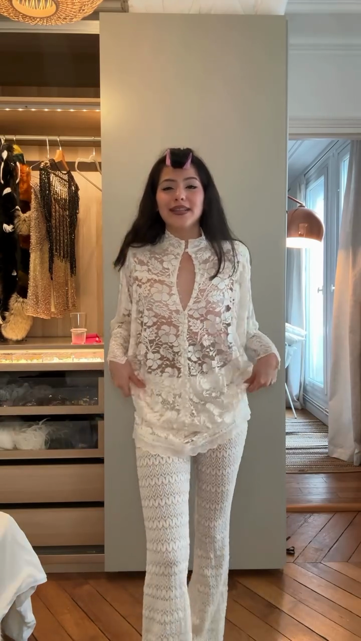 Ivory floral lace top and crochet flared pants set-Trafni