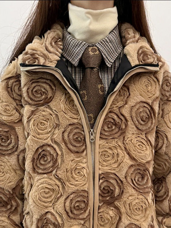 Spring Flower designer original national style rose lamb velvet jacket for women-Mesadic